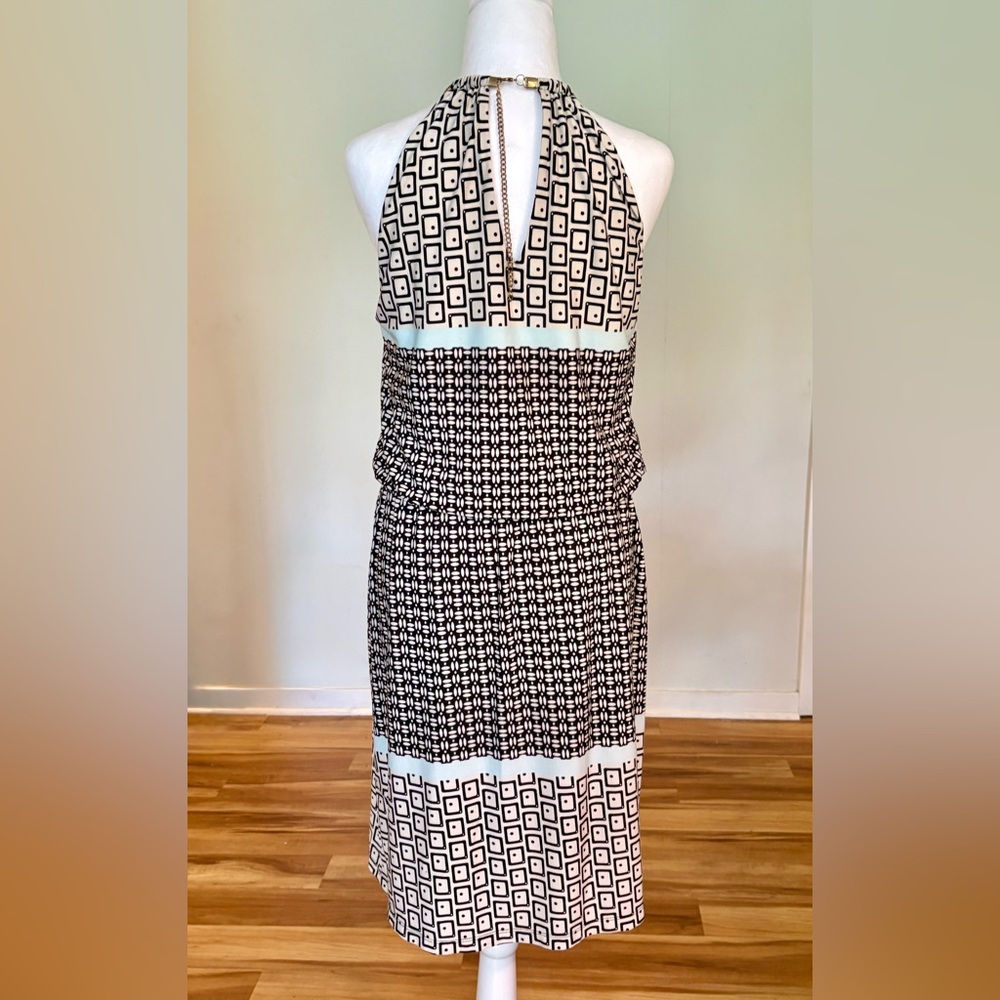 NWT, MSK, Halter Midi Dress with Gold Chain Neckline, Black/White/Blue, Size M - Picture 2 of 11